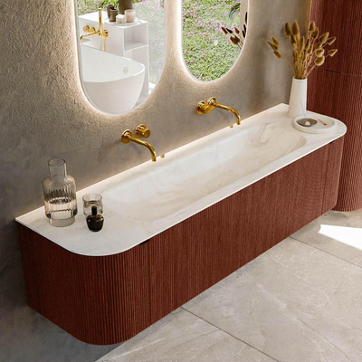 Ensemble de meuble de salle de bain Mondiaz KURVE-DLUX - 170x46x40cm - 1 tiroir - 2 portes - lavabo en solid surface - milieu - sans trou de robinet - Ruby