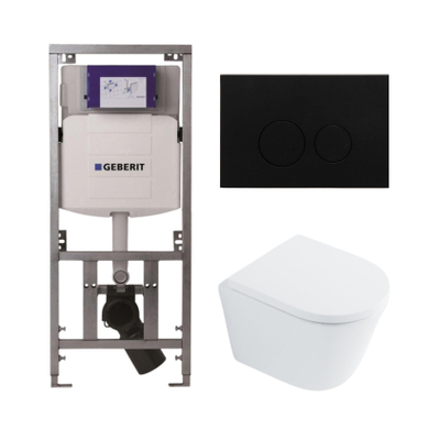QeramiQ Dely Toiletset - 36.3x51.7cm - diepspoel - rimless - Geberit UP320 inbouwreservoir - met Burda frame - softclose toilet zitting 35 mm - metaal mat zwarte bedieningsplaat - ronde knoppen - wit glans
