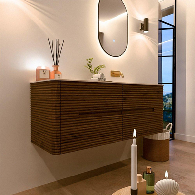 Mondiaz CIRO-DLUX Ensemble de meubles de salle de bains - 130x45x50cm - Plan vasque solid surface Meli - 1 lavabo à droite - sans trous de robinet - 4 tiroirs - Dusk