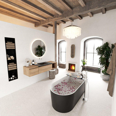 MONDIAZ BUKLA 160cm badmeubel met open module 40 rechts kleur Washed Oak met 2 lades. Wastafel CLOUD midden 0 kraangaten kleur Urban.