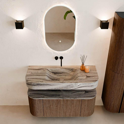 MONDIAZ THOR-DLUX 110cm badmeubel ronding links + rechts kleur Walnut met 1 lade en 2 deuren. Vrijhangende wastafel CLOUD Midden zonder kraangat kleur Sombra.