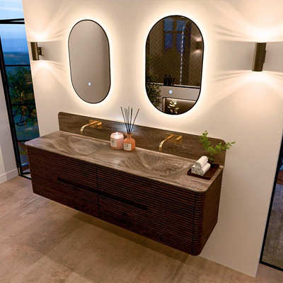 Mondiaz CIRO-DLUX Ensemble de meubles de salle de bains - 170x45x50cm - Vasque solid surface Oza - 2 vasques double - sans trous de robinet - 4 tiroirs - Noyer
