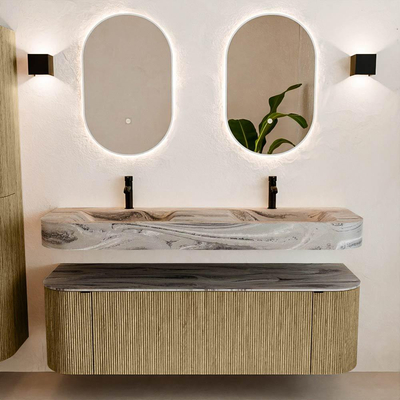 MONDIAZ THOR-DLUX 150cm meuble de salle de bains arrondi gauche + droite couleur Dusk avec 1 tiroir et 2 portes. Vasque suspendue CLOUD Double 2 trous de robinet couleur Sombra.