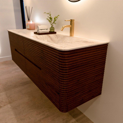 Mondiaz CIRO-DLUX Badkamermeubelset - 160x45x50cm - Solid surface wastafel Frappe - 1 wasbak Rechts - 1 kraangat - 4 lades - Ruby