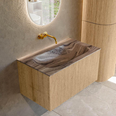 MONDIAZ KURVE-DLUX 80cm badmeubel kleur Oak met 1 lade en 0 deuren. Wastafel BIG SMALL Midden zonder kraangat Sombra.