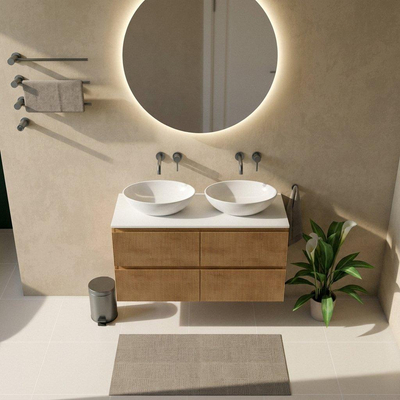 Saniclass Holz Atelier Ensemble de meubles de salle de bains - 120x45x62.5cm - Plan de toilette Torino en solid surface blanc - sans trou de robinetterie - 2 tiroirs - chêne natural mat (bois)