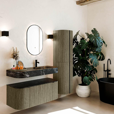 MONDIAZ THOR-DLUX 110cm meuble de salle de bains arrondi gauche + droite couleur Shadow avec 1 tiroir et 2 portes. Vasque suspendue CLOUD Droite 1 trou de robinet couleur Lava.