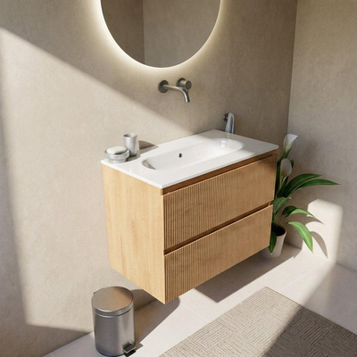 Saniclass Holz Atelier Ensemble de meuble de salle de bains - 80x45x73,9cm - Chaci lavabo en céramique blanc - 1 vasque - sans trou de robinetterie - 2 tiroirs - chêne natural mat (bois)