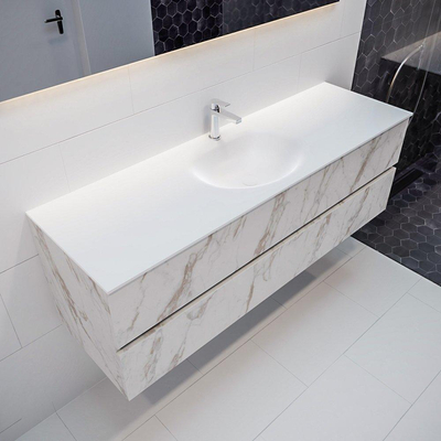 Mondiaz VICA ensemble de meuble de salle de bain - 150cm - meuble sous-vasque carrara - 2 tiroirs - lavabo moon milieu - 1 trou de robinet - miroir LED - version XL 60cm haut