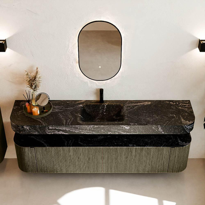 MONDIAZ THOR-DLUX 200cm meuble de salle de bains arrondi gauche + droite couleur Shadow avec 2 tiroirs et 2 portes. Vasque suspendue CLOUD Milieu 1 trou de robinet couleur Lava.