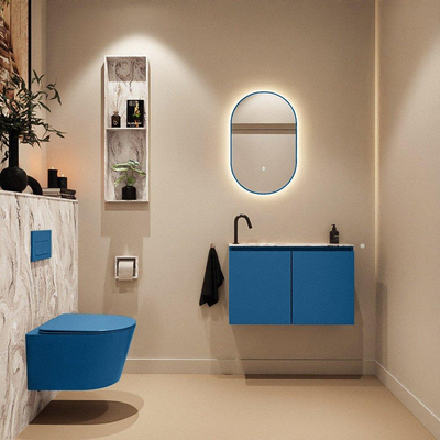 MONDIAZ TURE-DLUX Meuble de toilettes 80 cm Jeans. Lavabo EDEN Glace position gauche. Avec 1 trou de robinet.
