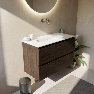 Saniclass Holz Pure Ensemble meuble de salle de bains - 100x45x73.9cm - lavabo en céramique Chaci blanc - 1 vasque - sans trou de robinet - 2 tiroirs - chêne charcoal mat (bois)