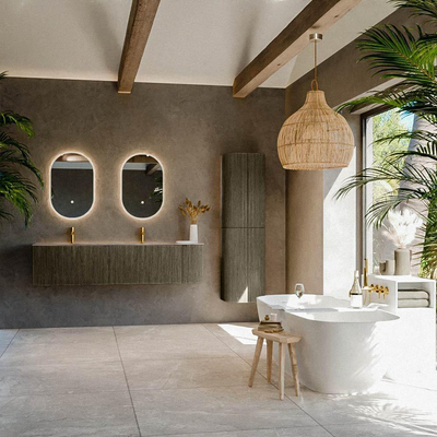 MONDIAZ KURVE-DLUX 175cm meuble de salle de bains arrondi Droite couleur Shadow avec 2 tiroirs et 1 porte. Lavabo STOR SMALL Double / Gauche 2 trous de robinet Oza.