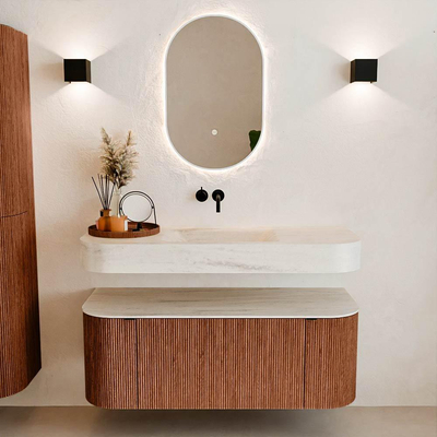 MONDIAZ THOR-DLUX 120cm badmeubel ronding links + rechts kleur Ruby met 1 lade en 2 deuren. Vrijhangende wastafel CLOUD Midden zonder kraangat kleur Meli.