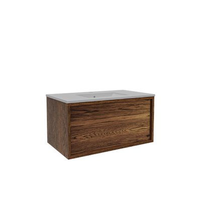 Saniclass Holz Frame Ensemble de meubles de salle de bains - 80x45x42cm - lavabo Vygo en céramique - 1 vasque - 1 trou de robinetterie - avec trop-plein - 1 tiroir - walnut pure mat (bois)