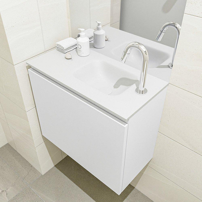 MONDIAZ OLAN Fonteinset - 60x30x40cm - 1 kraangat - 1 lade - talc mat - wasbak rechts - Solid Surface Wit