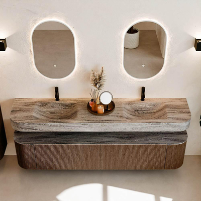 MONDIAZ THOR-DLUX 200cm meuble de salle de bains arrondi gauche + droite couleur Walnut avec 2 tiroirs et 2 portes. Vasque suspendue CLOUD Double 2 trous de robinet couleur Oza.