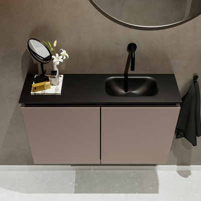 MONDIAZ TURE Ensemble de lavabo - 80x23x50cm - 0 trous de robinet - 2 portes - fumée mat - Lavabo à droite - Solid Surface Noir MODÈLE D'EXPOSITION