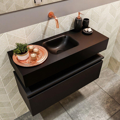 MONDIAZ ANDOR Toiletmeubel - 80x30x30cm - 0 kraangaten - 1 lades - urban mat - wasbak midden - Solid surface - Zwart