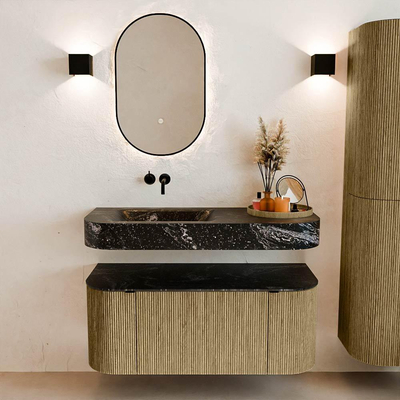 MONDIAZ THOR-DLUX 110cm badmeubel ronding links + rechts kleur Dusk met 1 lade en 2 deuren. Vrijhangende wastafel CLOUD Links zonder kraangat kleur Lava.