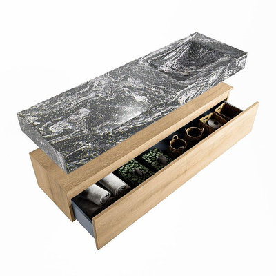 Mondiaz ALAN-DLUX Ensemble de meuble - 150cm - meuble Washed Oak mat - 1 tiroir - Lavabo Cloud Lava suspendu - vasque Droite - 1 trou de robinet