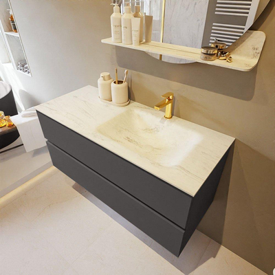 Mondiaz VICA-DLUX Ensemble de meuble de salle de bain - 110cm - meuble sous-vasque gris foncé - 2 tiroirs - lavabo encastré cloud droite - 1 trou de robinet - version haute de 60cm - opalo