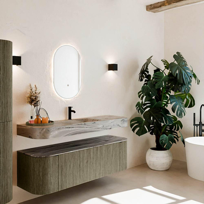 MONDIAZ THOR-DLUX 150cm meuble de salle de bains arrondi gauche + droite couleur Shadow avec 1 tiroir et 2 portes. Vasque suspendue CLOUD Milieu 1 trou de robinet couleur Sombra.