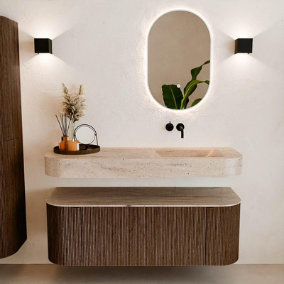 MONDIAZ THOR-DLUX 130cm badmeubel ronding links + rechts kleur Walnut met 1 lade en 2 deuren. Vrijhangende wastafel CLOUD Rechts zonder kraangat kleur Saba.