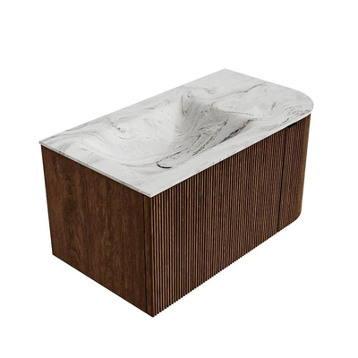 MONDIAZ KURVE-DLUX meuble de salle de bains 85cm avec module 25 R couleur noyer avec 1 tiroir et 1 porte. Vasque CLOUD à gauche 1 trou de robinetterie couleur Glace.