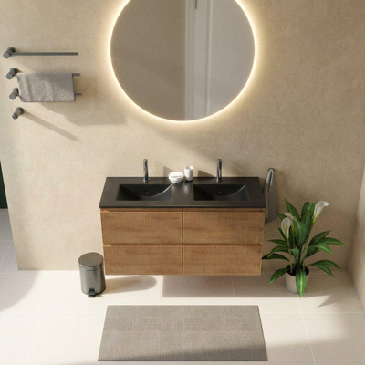 Saniclass Holz Atelier Ensemble meuble de salle de bains - 120x45x62cm - Lavabo Vygo en céramique noir - 2 vasques - 2 trous de robinetterie - 2 tiroirs - chêne natural mat (bois)