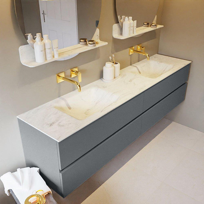 Mondiaz VICA-DLUX ensemble de meuble de salle de bain - 200cm - meuble sous-vasque plata - 4 tiroirs - lavabo encastrée cloud double - sans trous de robinet - version haute de 60cm - opalo