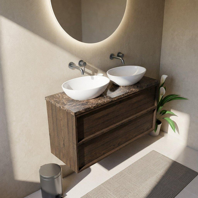 Saniclass Holz Frame Ensemble meuble de salle de bains - 120x45x63cm - plan de toilette en pierre naturelle Noche dark emperador - sans trou de robinet - 2 tiroirs - chêne charcoal mat (bois)