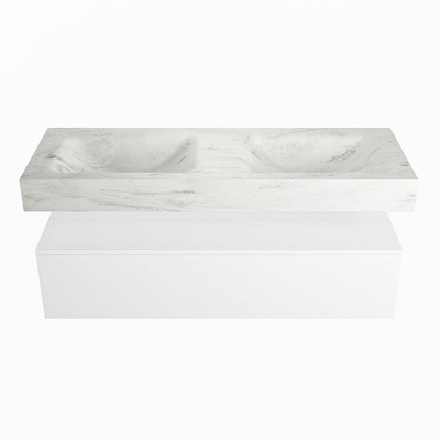 Mondiaz ALAN-DLUX Ensemble de meuble - 130cm - meuble Talc mat - 1 tiroir - Lavabo Cloud Opalo suspendu - vasque Gauche et droite - 0 trous de robinet