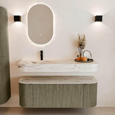 MONDIAZ THOR-DLUX 130cm meuble de salle de bains arrondi gauche + droite couleur Shadow avec 1 tiroir et 2 portes. Vasque suspendue CLOUD Gauche 1 trou de robinet couleur Nata.