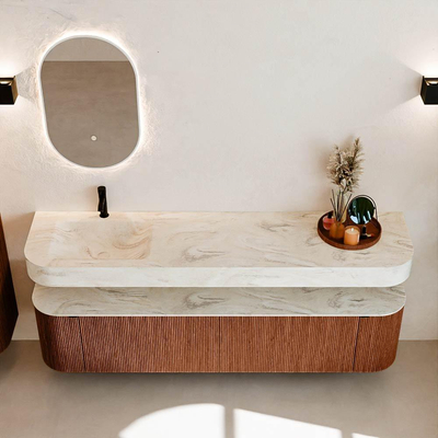 MONDIAZ THOR-DLUX 190cm meuble de salle de bains arrondi gauche + droite couleur Ruby avec 2 tiroirs et 2 portes. Vasque suspendue CLOUD Gauche 1 trou de robinet couleur Ostra.