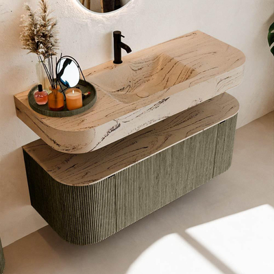 MONDIAZ THOR-DLUX 120cm meuble de salle de bains arrondi gauche + droite couleur Shadow avec 1 tiroir et 2 portes. Vasque suspendue CLOUD Milieu 1 trou de robinet couleur Arena.