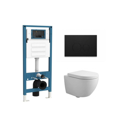 QeramiQ Dely Swirl Compact Ensemble WC - réservoir encastré QeramiQ flush - abattant 25 mm - plaque de commande en plastique noir mat - boutons ronds - blanc mat