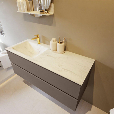 Mondiaz VICA-DLUX ensemble de meuble de salle de bain - 120cm - meuble sous-vasque fumée - 2 tiroirs - lavabo encastré nuage gauche - 1 trou de robinet - version haute 60cm - opalo