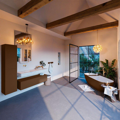 Mondiaz ALAN-DLUX Ensemble de meuble - 130cm - meuble Rust mat - 1 tiroir - Lavabo Cloud Opalo suspendu - vasque Gauche - 0 trous de robinet