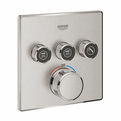 GROHE SmartControl Ensemble de douche de pluie encastré – boîtiers d'encastrement – boutons anthracite – douche de tête carrée – douchette à main bâton – SuperSteel brossé