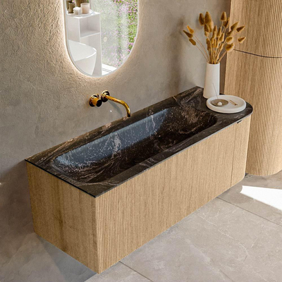 MONDIAZ KURVE-DLUX 125cm badmeubel met module 25 R kleur Oak met 1 lade en 1 deur. Wastafel BIG MEDIUM links zonder kraangat kleur Lava.