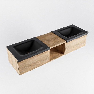 MONDIAZ BUKLA 160cm meuble de salle de bain avec module ouvert 40 couleur Chêne blanchi avec 2 tiroirs. Lavabo CLOUD double 2 trous de robinet couleur Urbain.