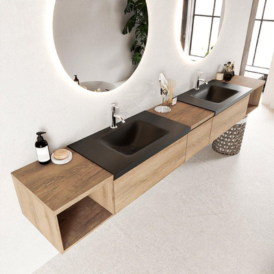 MONDIAZ BUKLA 280cm badmeubel met open module 40 L+R kleur Washed Oak met 3 lades. Wastafel CLOUD dubbel 2 kraangaten kleur Urban.