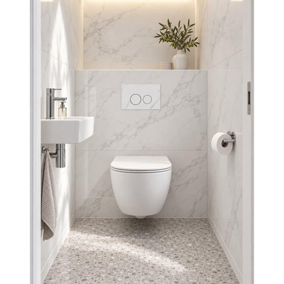 QeramiQ Dely Swirl Ensemble WC Compact - réservoir encastré QeramiQ flush - abattant fin - plaque de commande en marbre blanche - boutons ronds - blanc mat