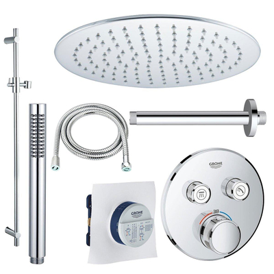 Grohe - Adema Rise Ensemble de douche de tête - encastré - 2 fonctions - avec douche de tête Adema Rise 30 cm - douchette à main stick - bras de plafond - barre de douche 90 cm - mitigeur thermostatique encastré Grohe Grohtherm - chromé