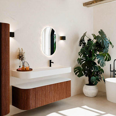 MONDIAZ THOR 140cm meuble de salle de bains arrondi gauche + droite couleur Ruby avec 1 tiroir et 2 portes. Vasque suspendue CLOUD Droite 1 trou de robinet couleur Talc.