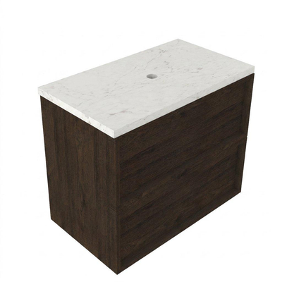 Saniclass Holz Frame Ensemble de meubles de salle de bains - 80x45x63cm - plan vasque en marbre Dia poli (blanc) - sans trou de robinetterie - 2 tiroirs - chêne charcoal mat (bois)