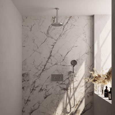 Brauer Chrome Edition douche thermostatique à effet pluie avec bouton poussoir 59 20cm pommeau de douche bras de plafond 3 positions douche à main flexible de douche raccord mural coude chromé