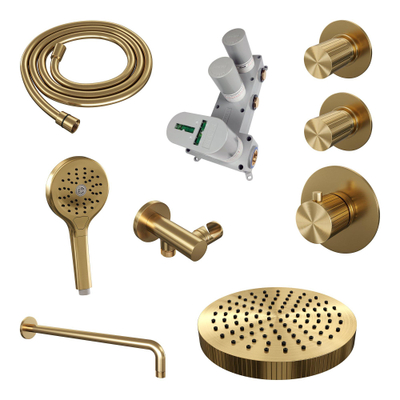BRAUER Stripe Thermostatische Inbouw Regendouche - SET 05 - 25cm douchekop - gebogen muurarm - 3-standen handdouche - doucheslang - wandaansluitbocht - goud geborsteld PVD