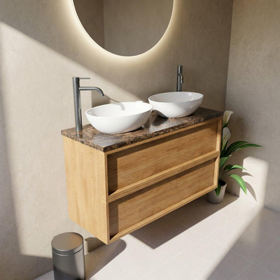 Saniclass Holz Frame Ensemble de meuble de salle de bains - 120x45x63cm - Plan de travail en pierre naturelle Noche dark emperador - 2 trous de robinet - 2 tiroirs - chêne natural mat (bois)